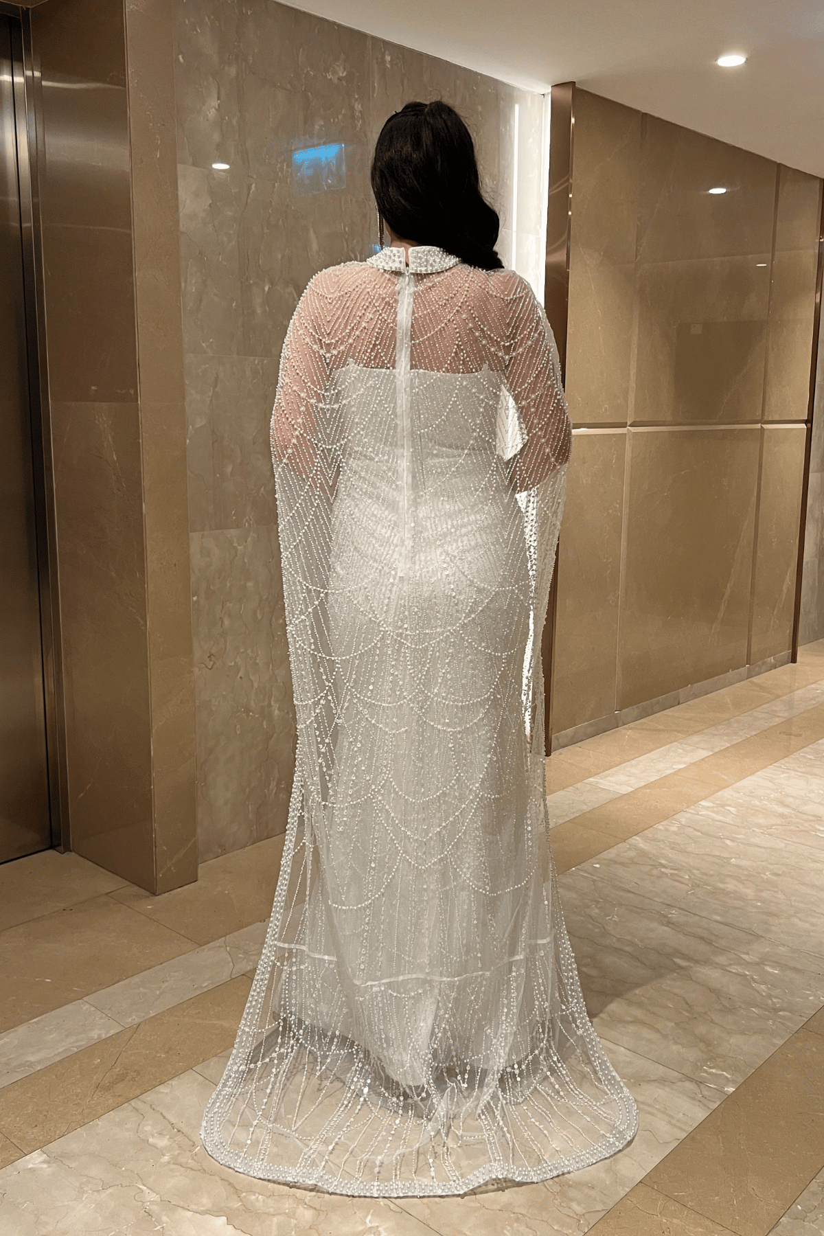 Full Boncuklu Kumaş Pelerin Detaylı Abiye Elbise - BEYAZ