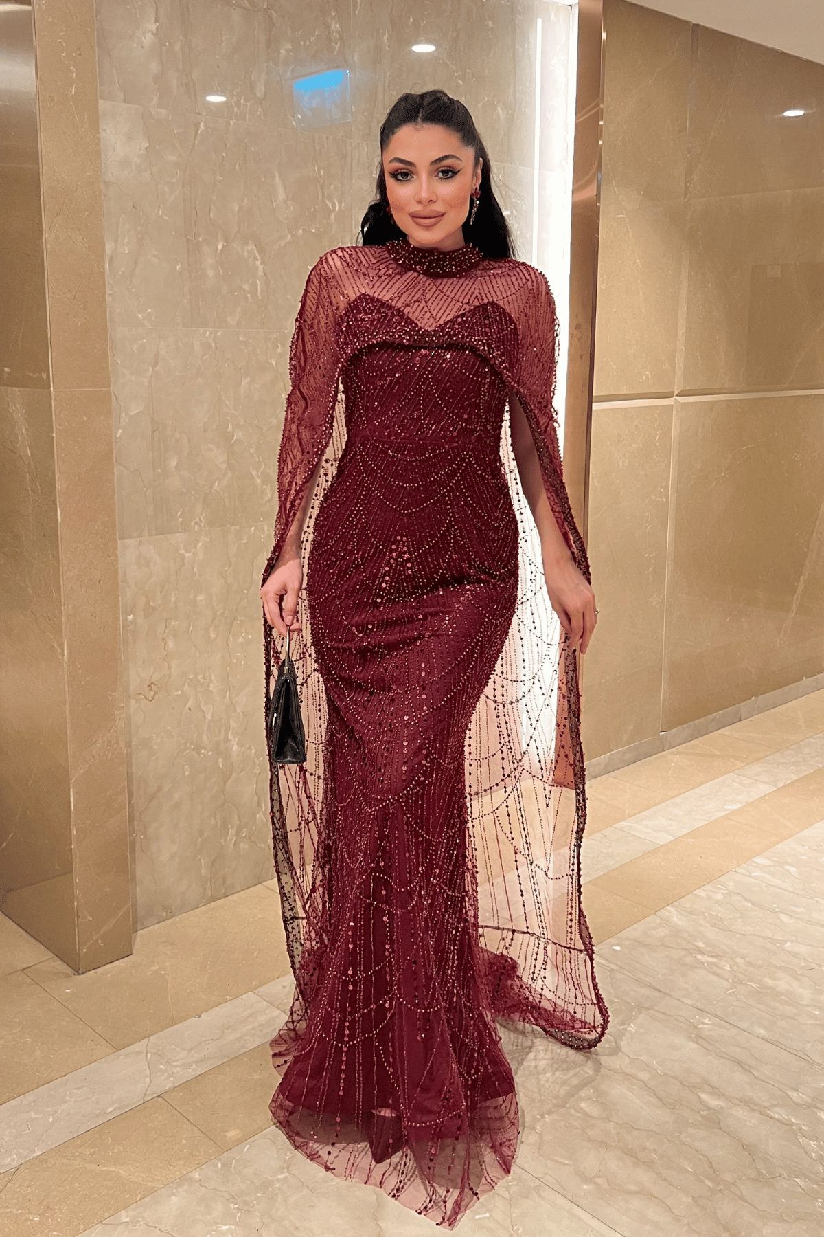 Full Boncuklu Kumaş Pelerin Detaylı Abiye Elbise - BORDO