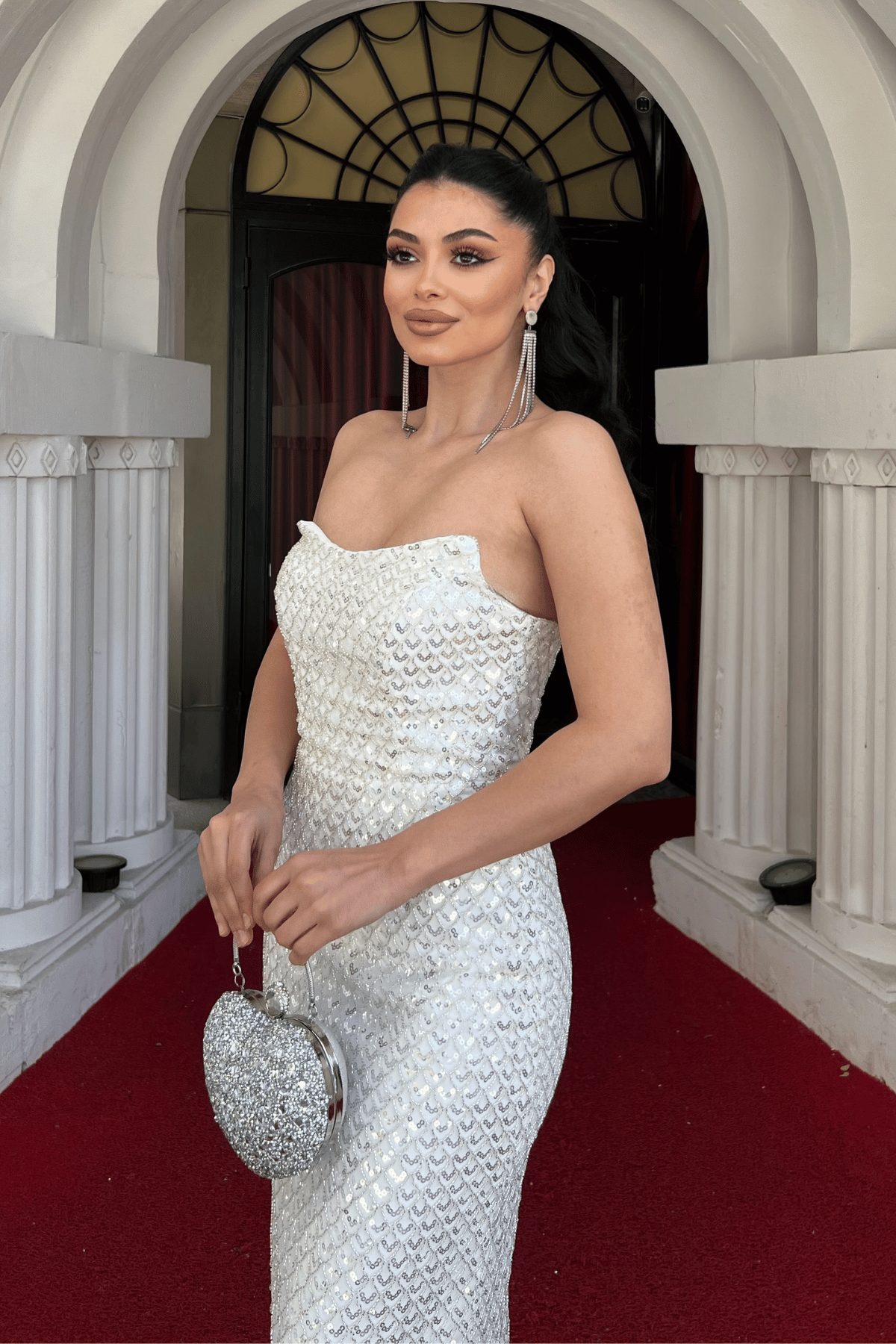 Full Boncuklu Kumaş Straplez Abiye Elbise - BEYAZ