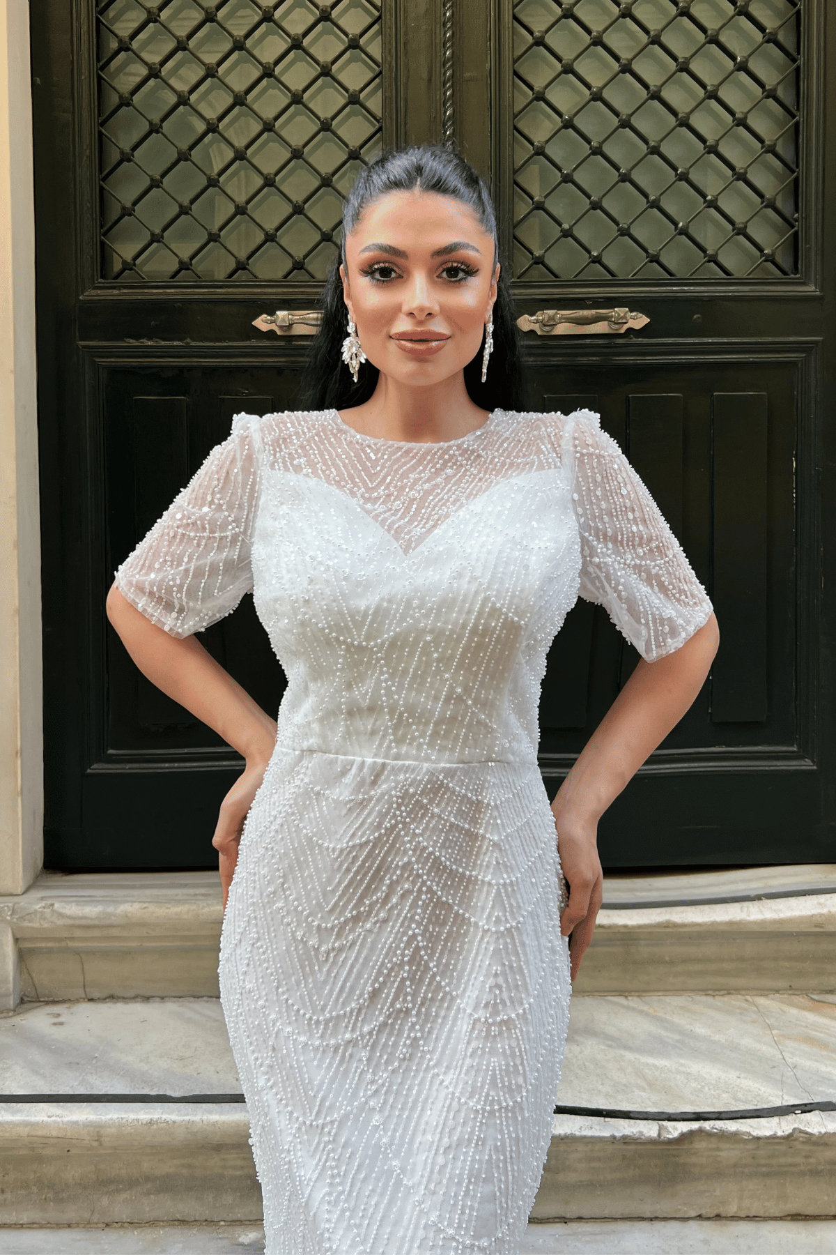 Full Boncuklu Kumaş Tasarım Elbise - BEYAZ