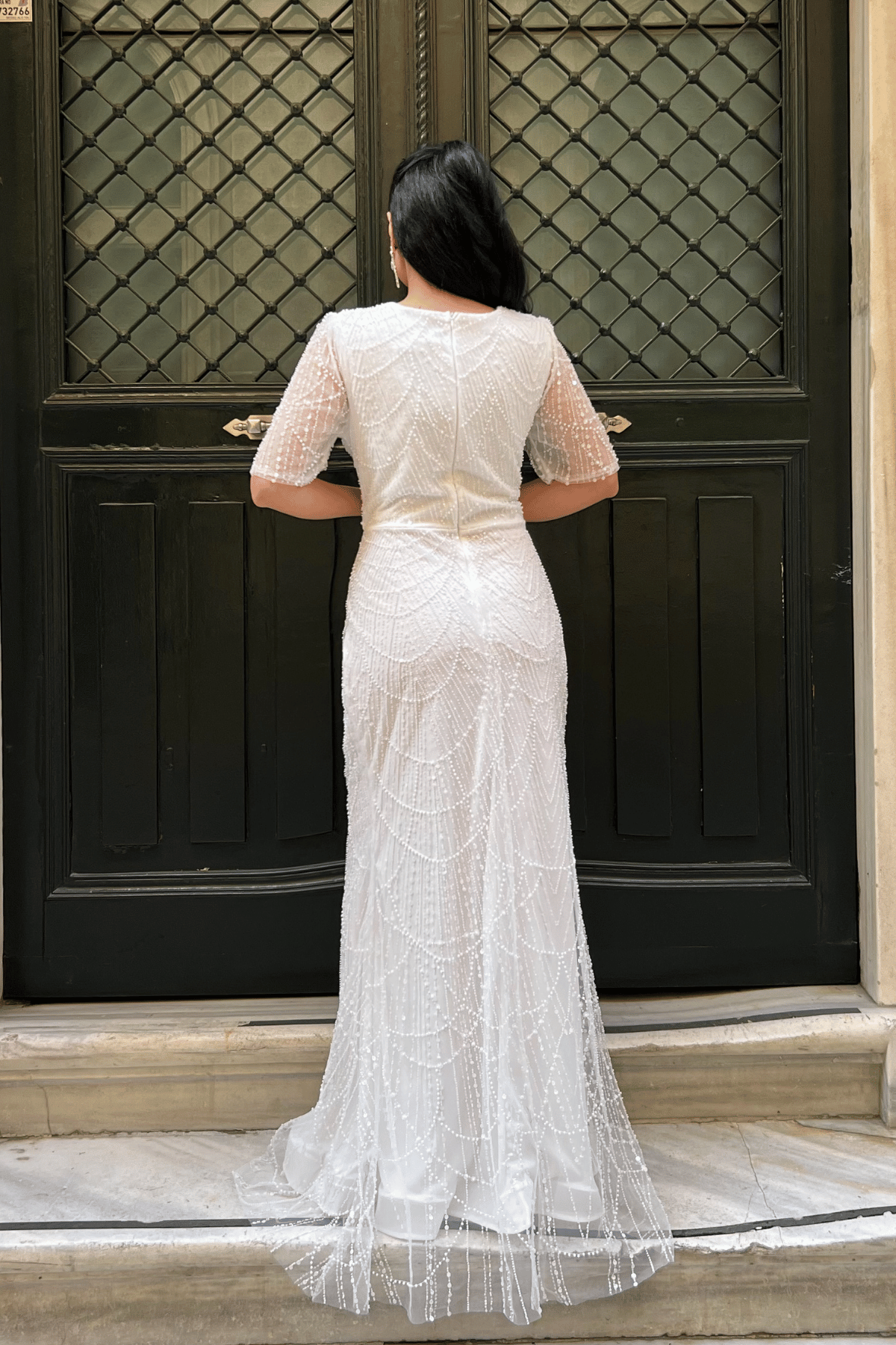 Full Boncuklu Kumaş Tasarım Elbise - BEYAZ