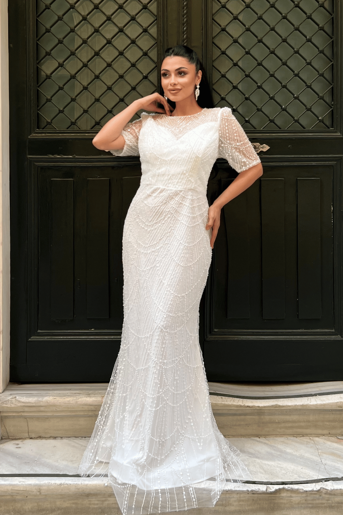 Full Boncuklu Kumaş Tasarım Elbise - BEYAZ