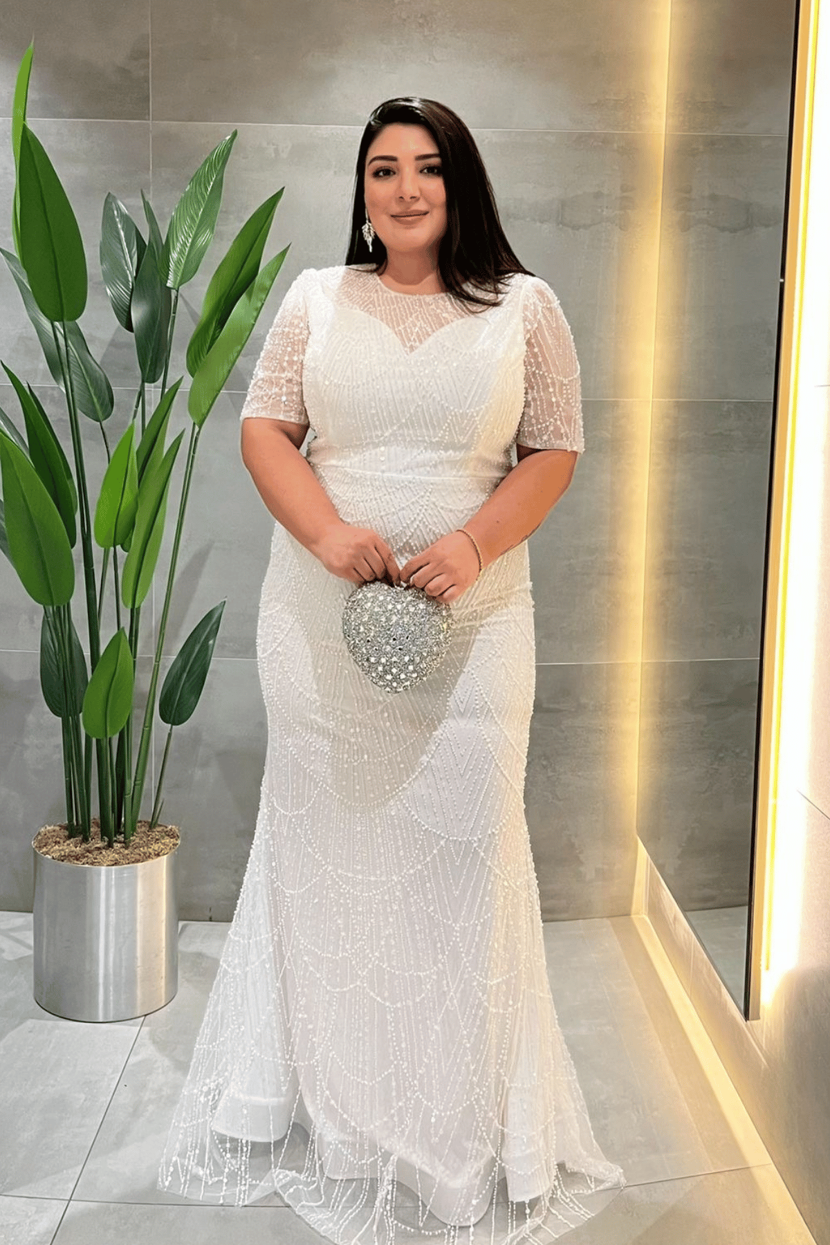 Full Boncuklu Kumaş Tasarım Elbise - BEYAZ