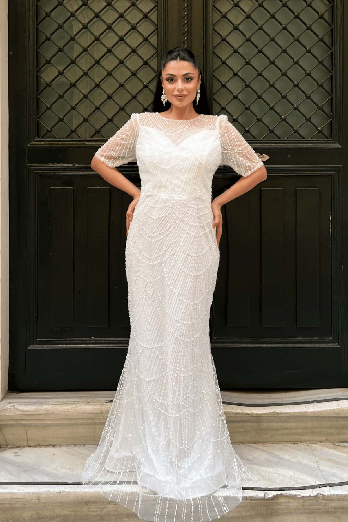 Full Boncuklu Kumaş Tasarım Elbise - BEYAZ