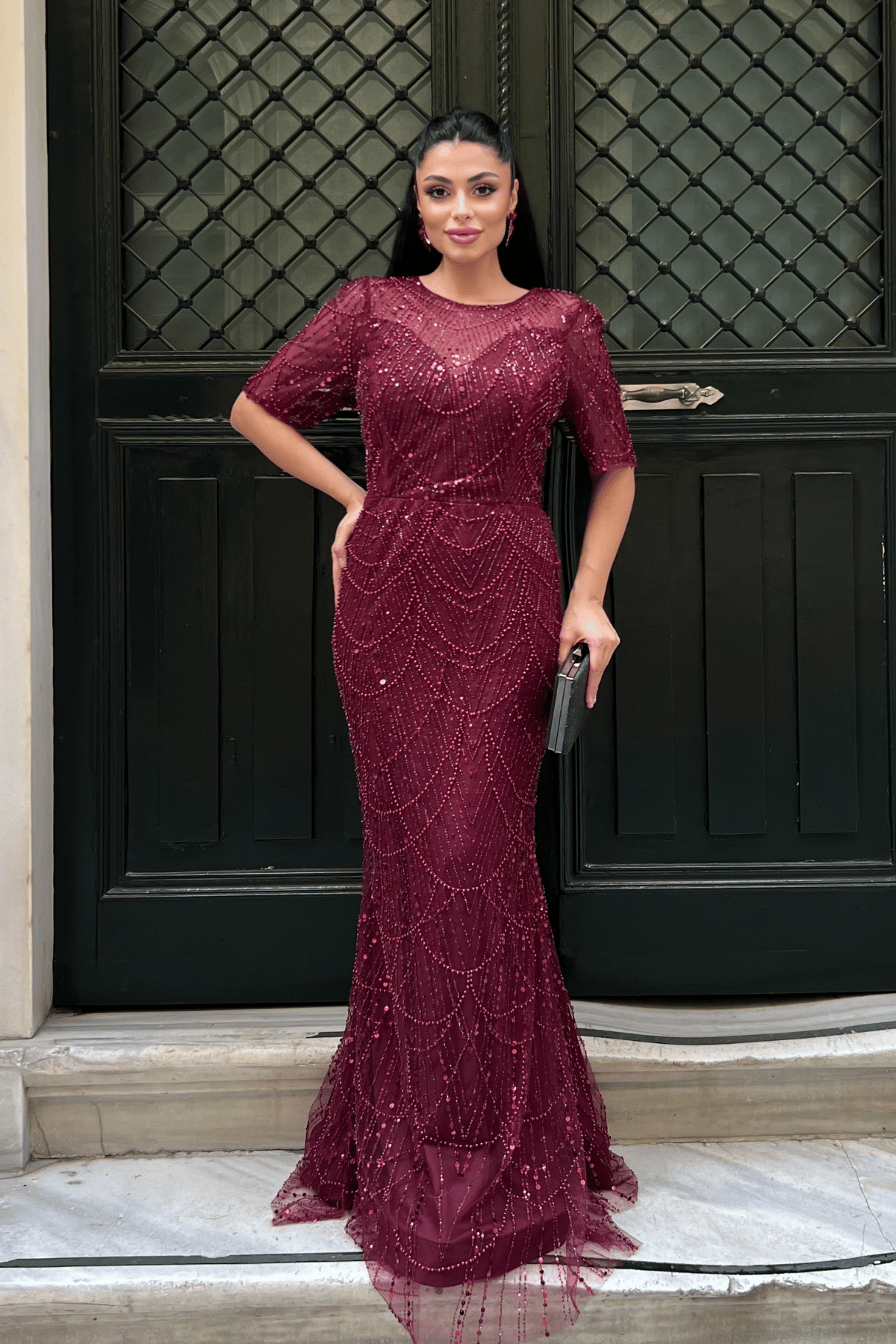 Full Boncuklu Kumaş Tasarım Elbise - BORDO