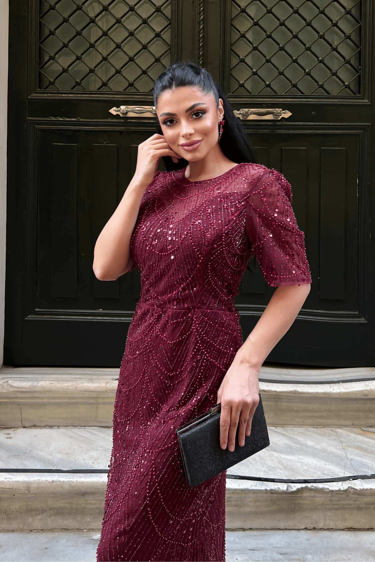 Full Boncuklu Kumaş Tasarım Elbise - BORDO