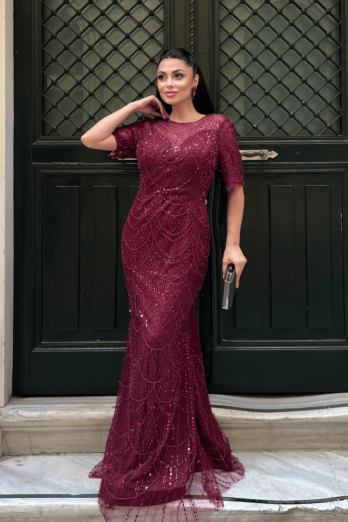 Full Boncuklu Kumaş Tasarım Elbise - BORDO