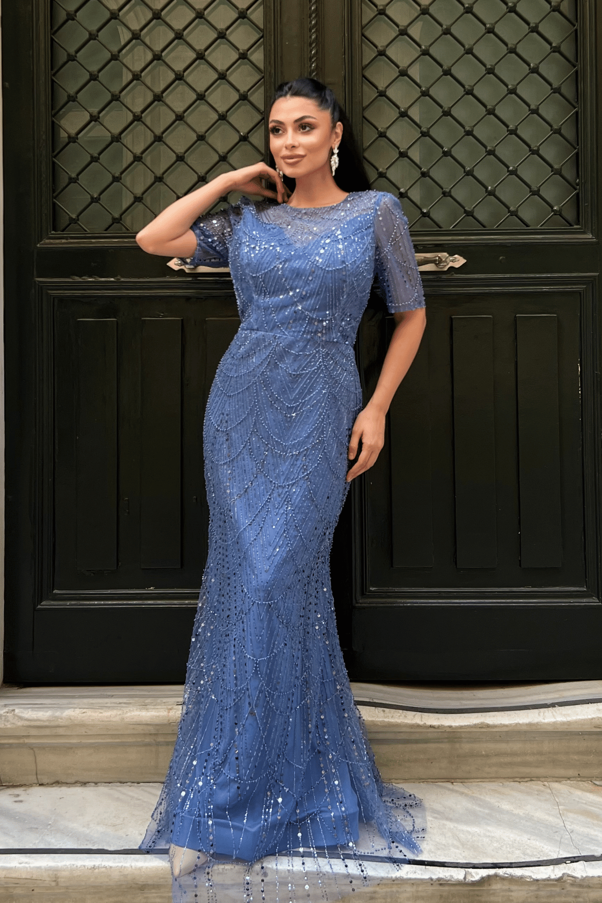 Full Boncuklu Kumaş Tasarım Elbise - İNDİGO MAVİ