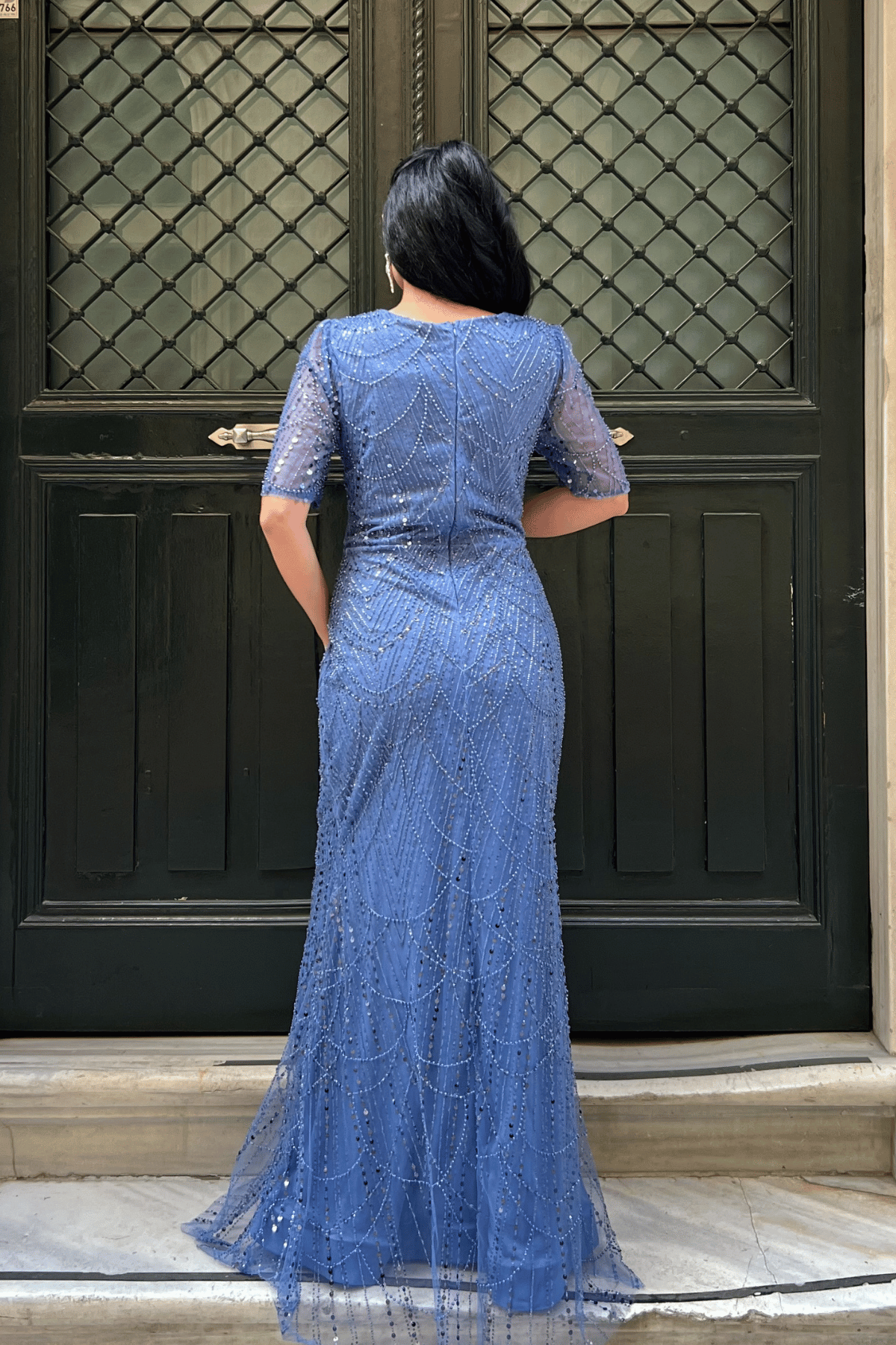 Full Boncuklu Kumaş Tasarım Elbise - İNDİGO MAVİ