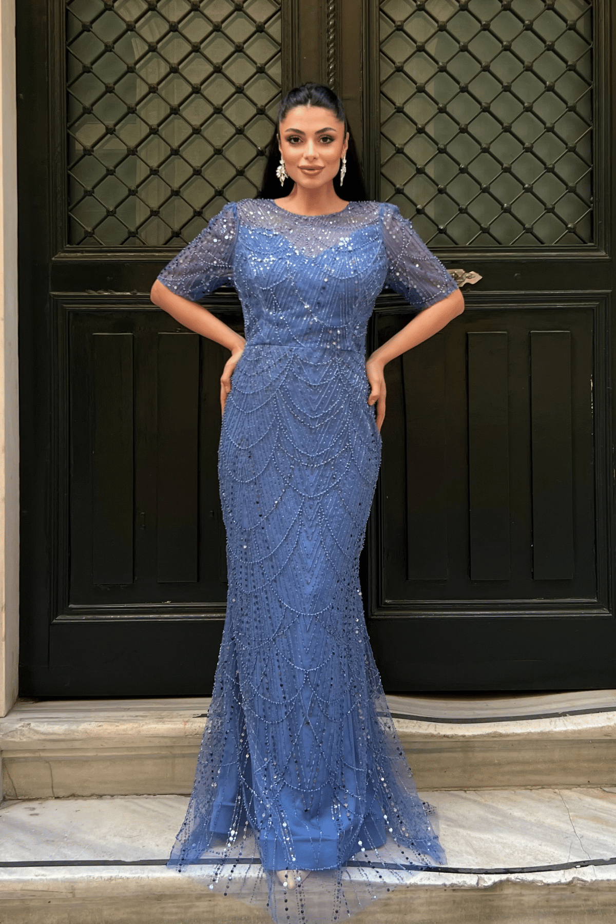 Full Boncuklu Kumaş Tasarım Elbise - İNDİGO MAVİ