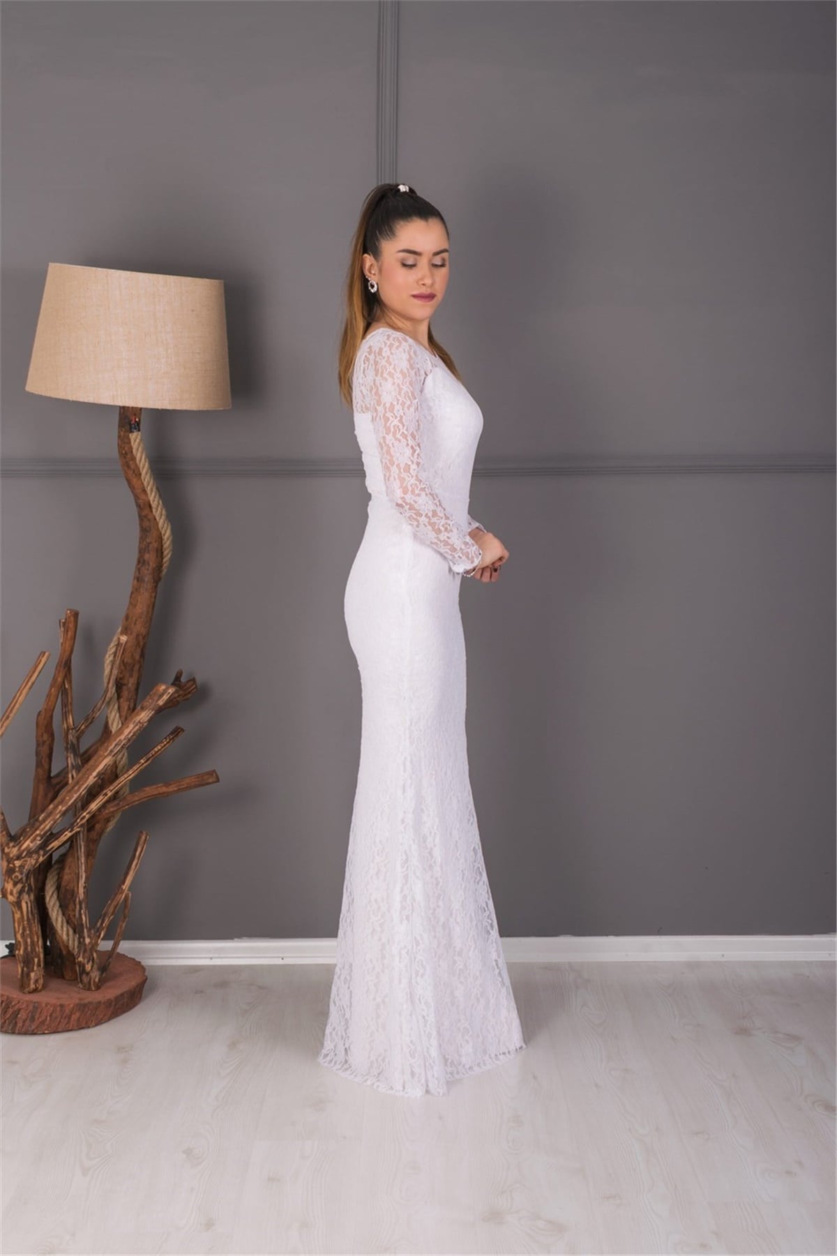Full Dantel Balık Abiye Elbise - Beyaz