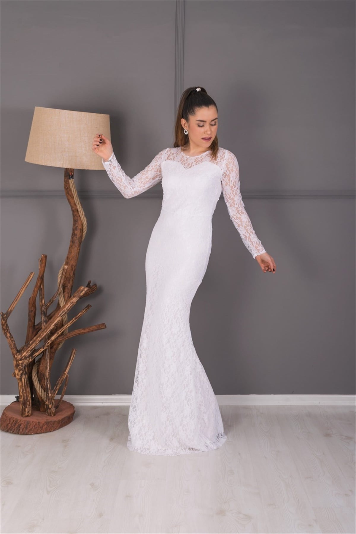 Full Dantel Balık Abiye Elbise - Beyaz