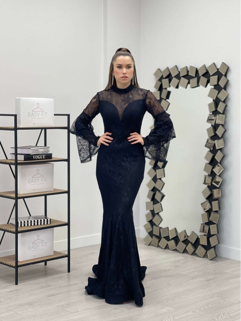 Full Dantel Balık Elbise - SİYAH