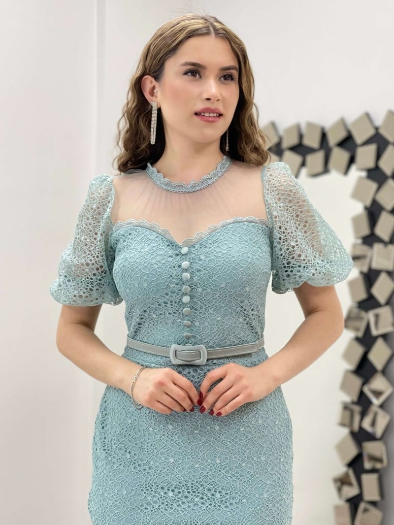 Full Dantel Düğme Detaylı Kalem Elbise - MİNT YEŞİL