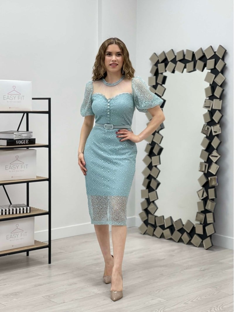 Full Dantel Düğme Detaylı Kalem Elbise - MİNT YEŞİL