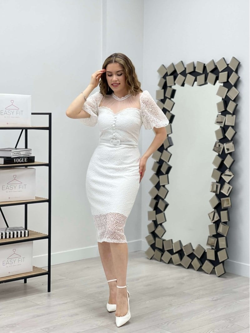 Full Dantel Düğme Detaylı Kalem Elbise - BEYAZ