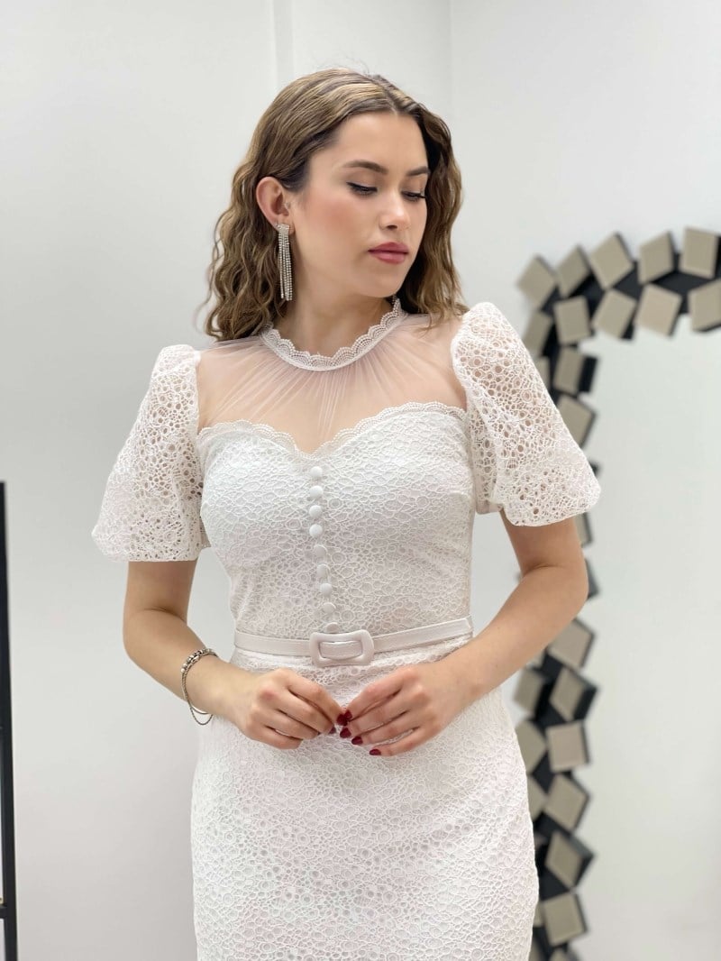 Full Dantel Düğme Detaylı Kalem Elbise - BEYAZ