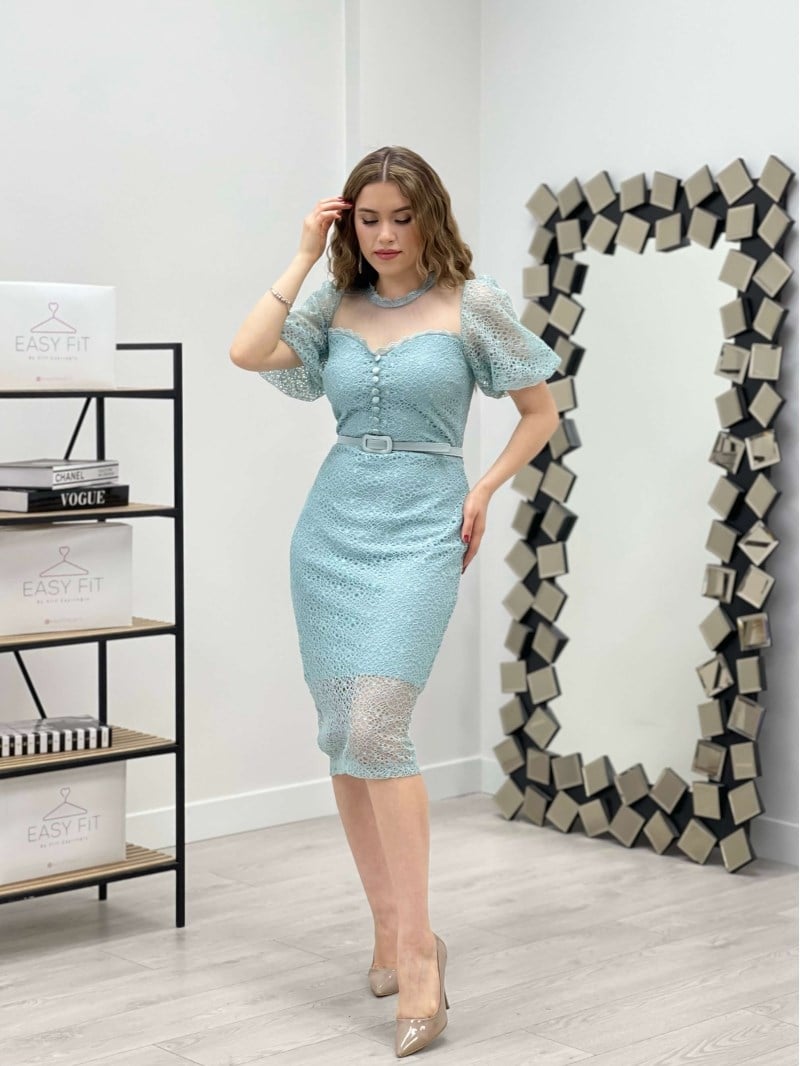 Full Dantel Düğme Detaylı Kalem Elbise - MİNT YEŞİL