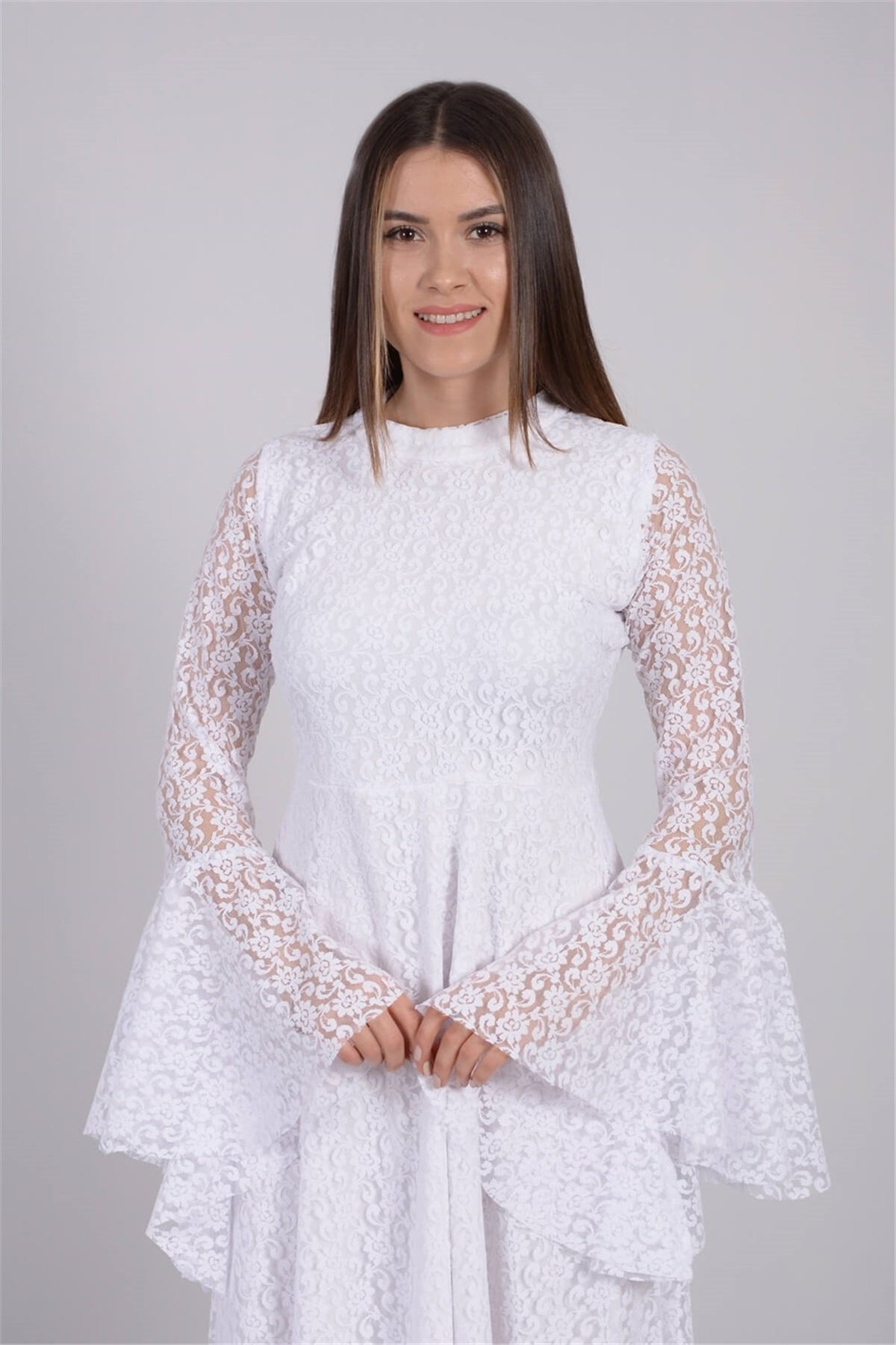 Full Dantel Kol Volanlı Elbise - Beyaz