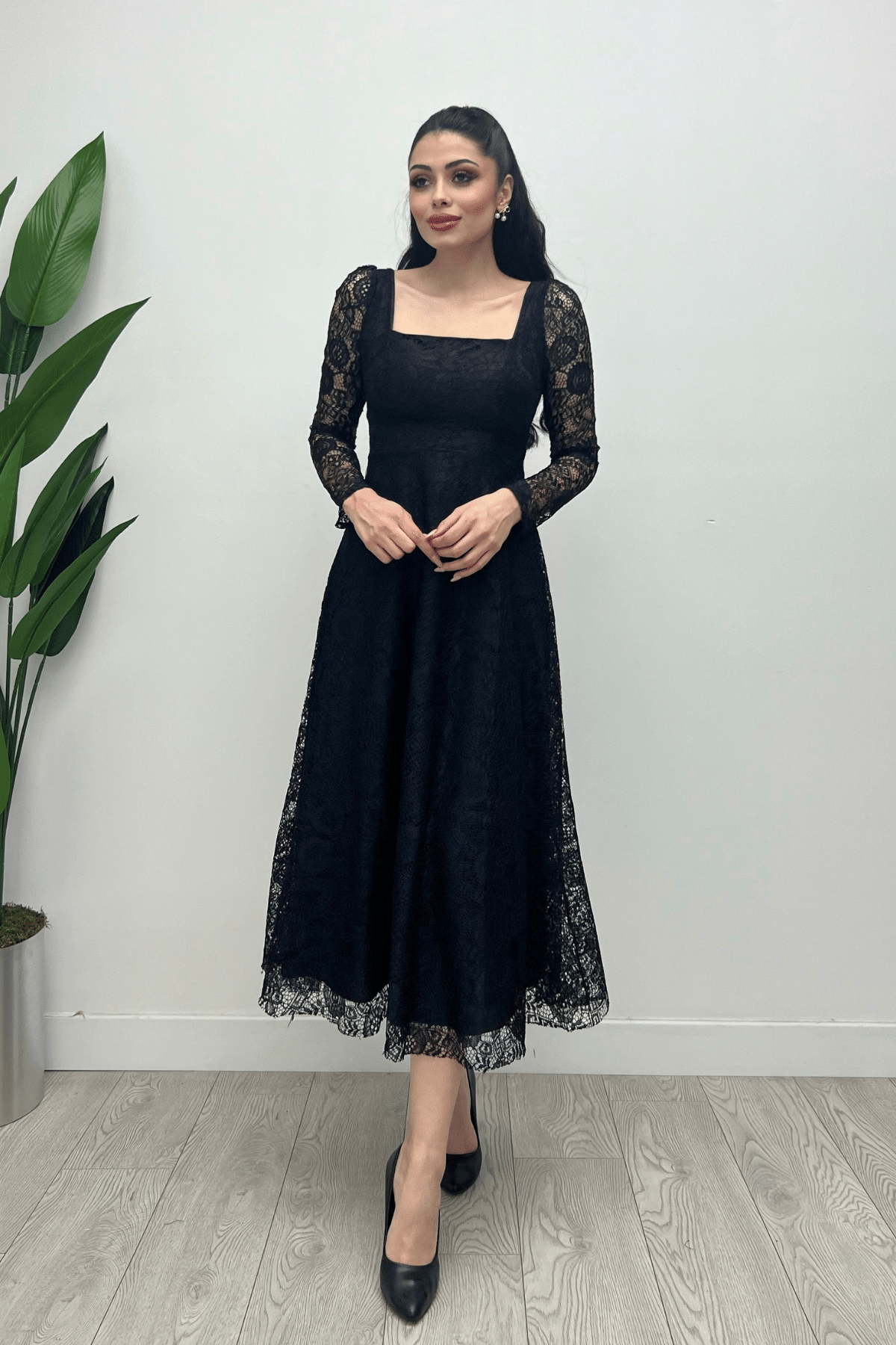 Full Lace Fabric Square Neck Midi Evening Dress - BLACK