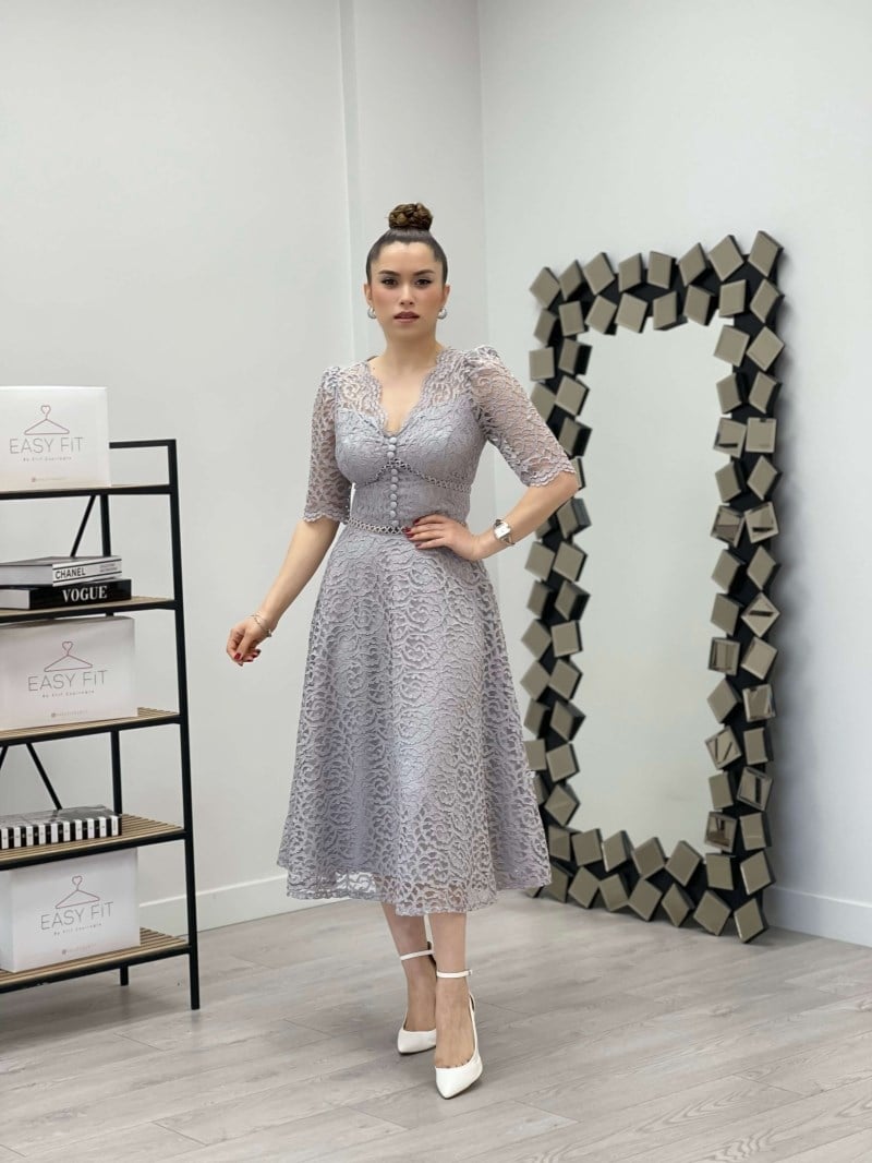 Full Dantel Midi Elbise - GRİ