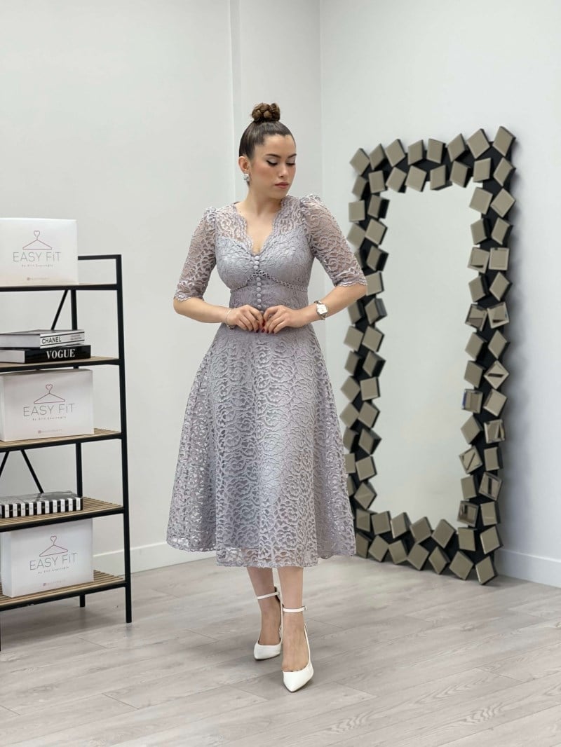 Full Dantel Midi Elbise - GRİ