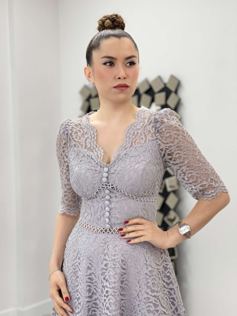 Full Dantel Midi Elbise - GRİ