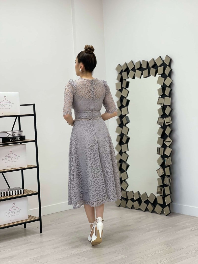 Full Dantel Midi Elbise - GRİ