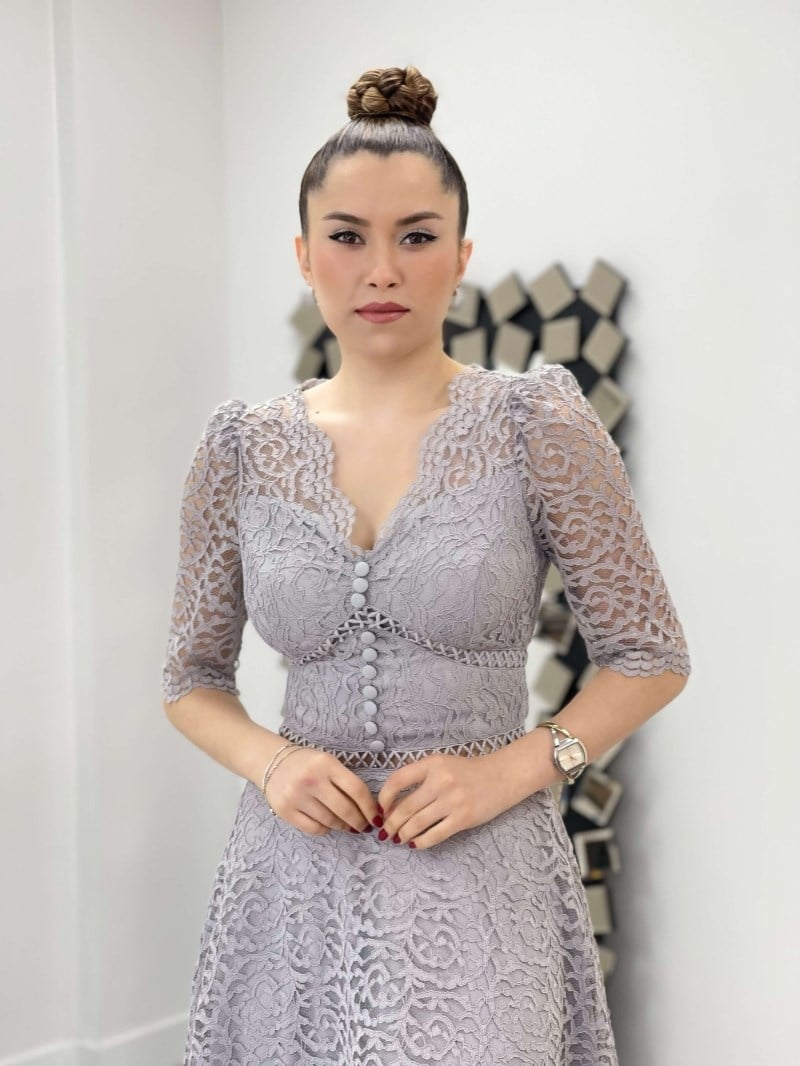 Full Dantel Midi Elbise - GRİ