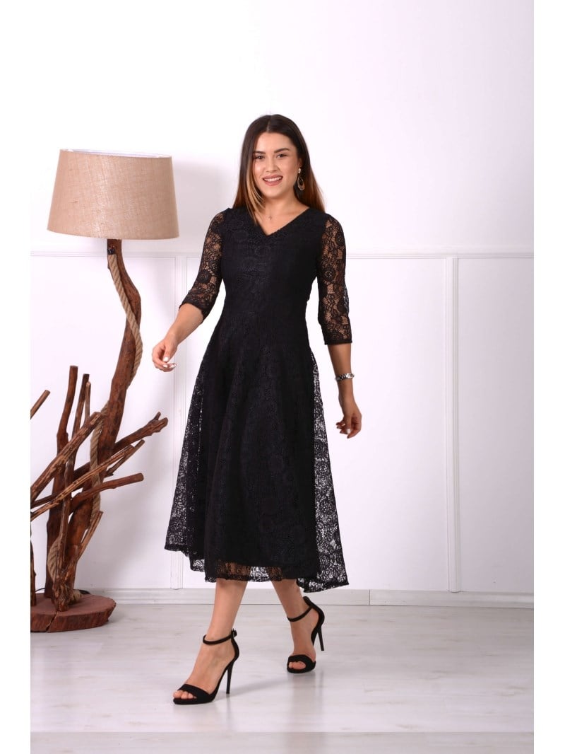Full Dantel Midi Elbise - SİYAH