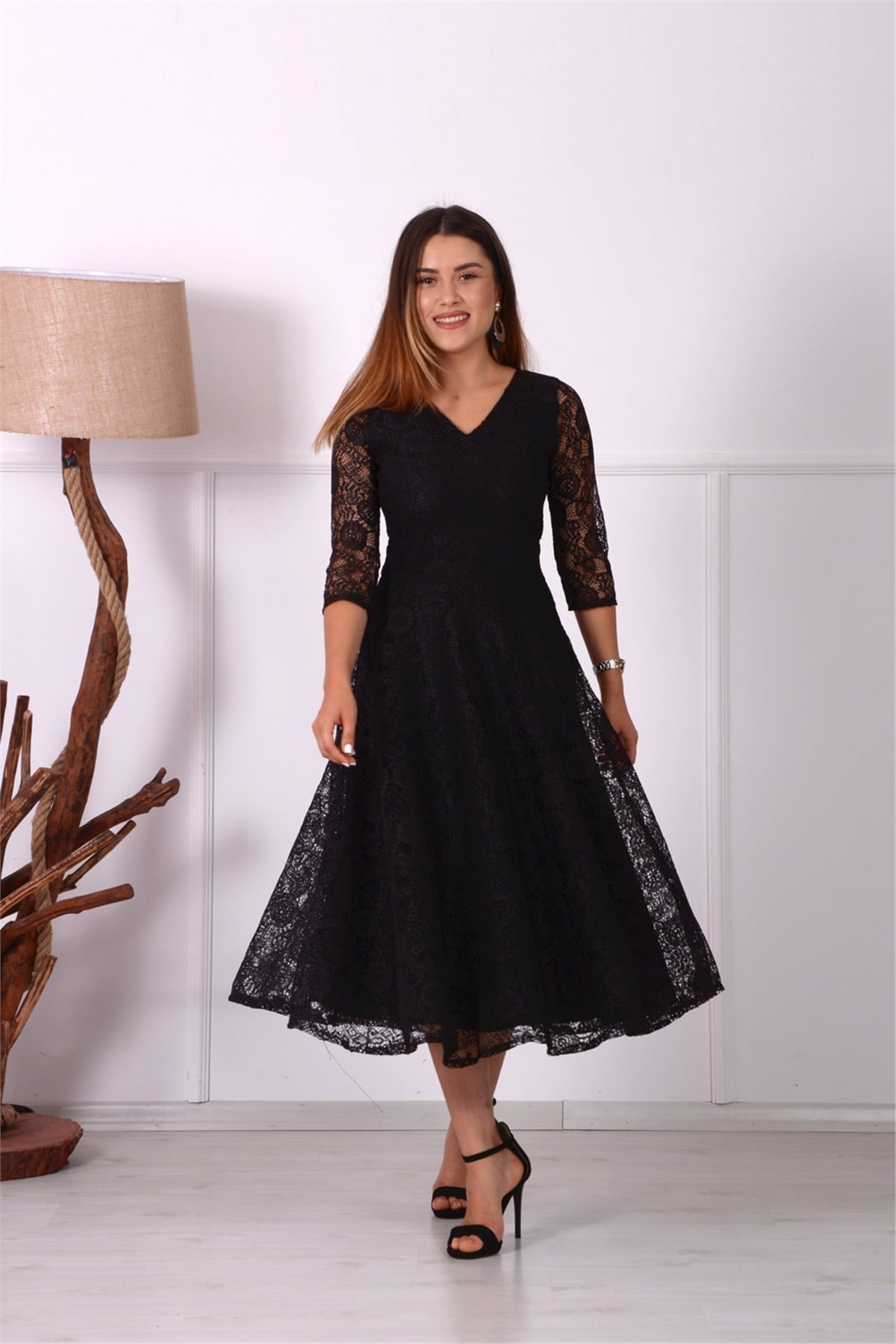 Full Dantel Midi Elbise - Siyah