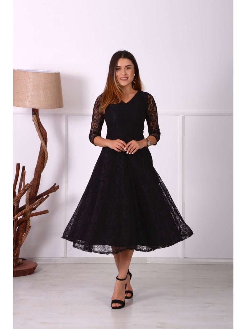 Full Dantel Midi Elbise - SİYAH