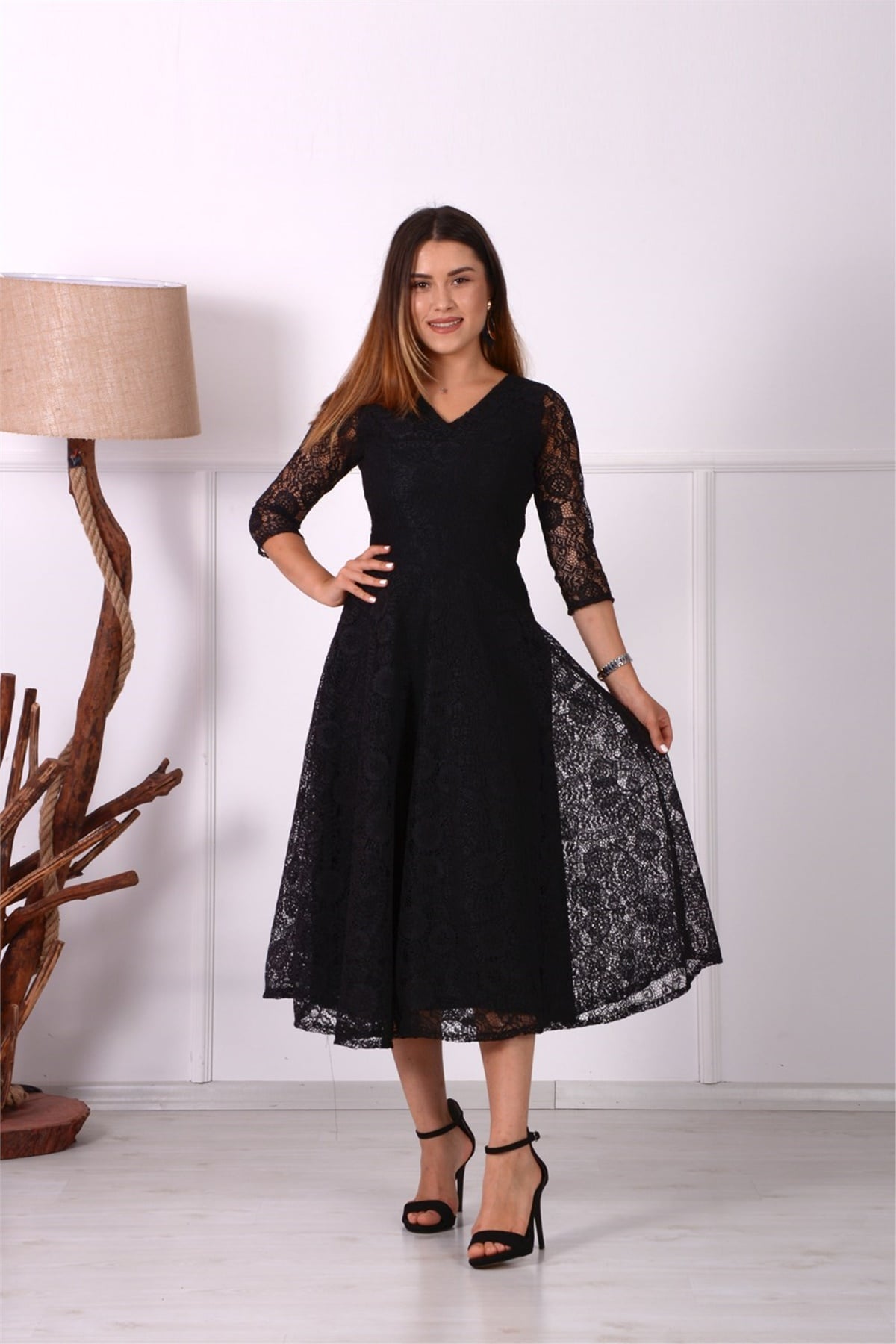 Full Dantel Midi Elbise - Siyah