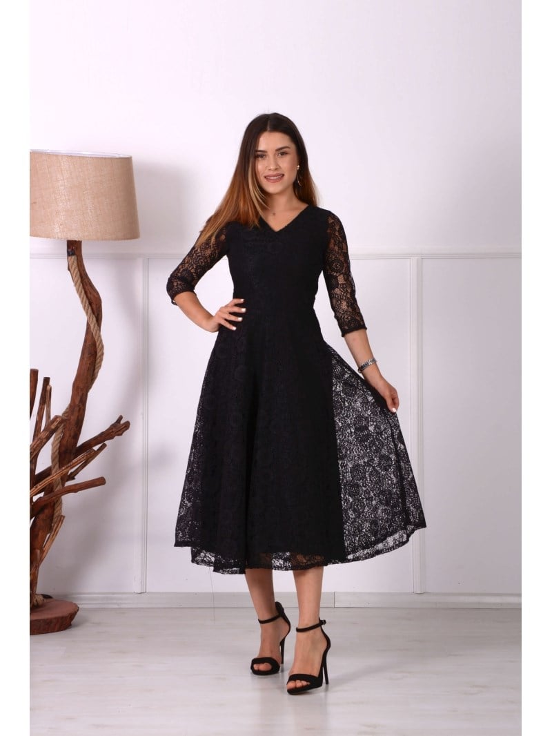 Full Dantel Midi Elbise - SİYAH