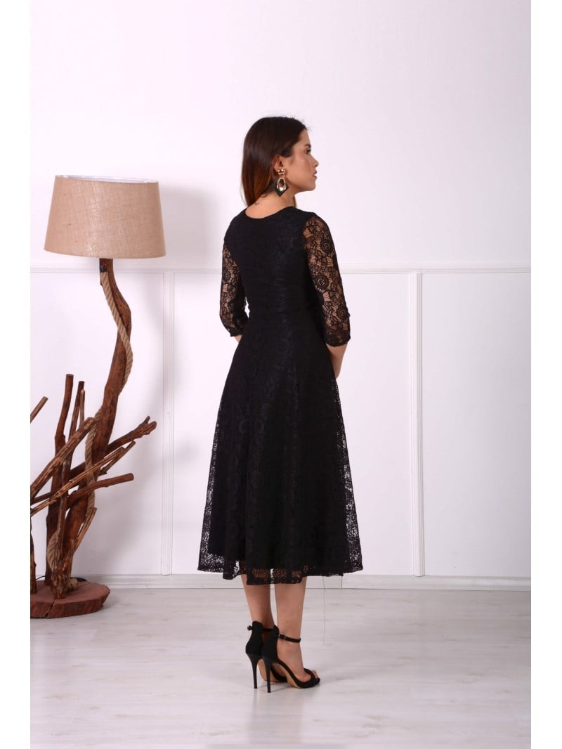 Full Dantel Midi Elbise - SİYAH