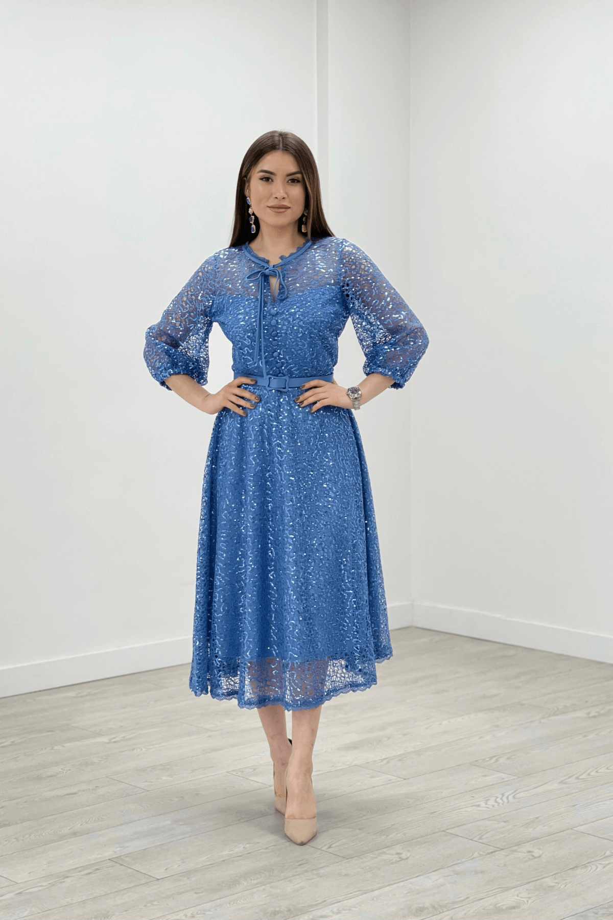Full Dantel Payet Kumaş Midi Abiye Elbise - İNDİGO MAVİ