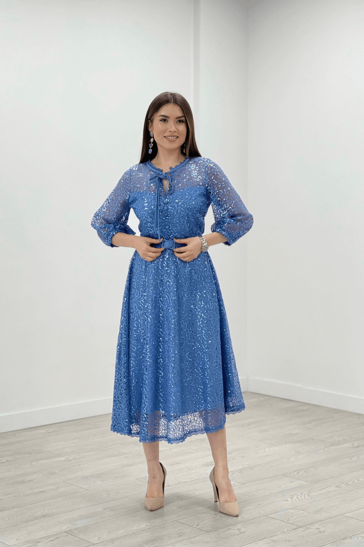 Full Dantel Payet Kumaş Midi Abiye Elbise - İNDİGO MAVİ