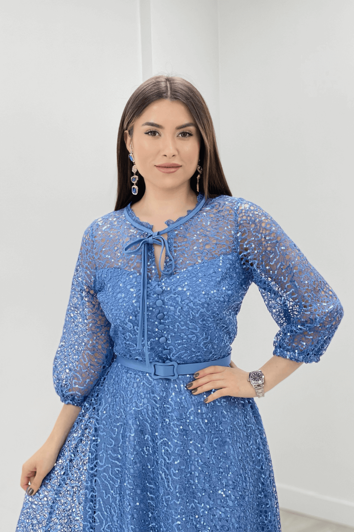 Full Dantel Payet Kumaş Midi Abiye Elbise - İNDİGO MAVİ