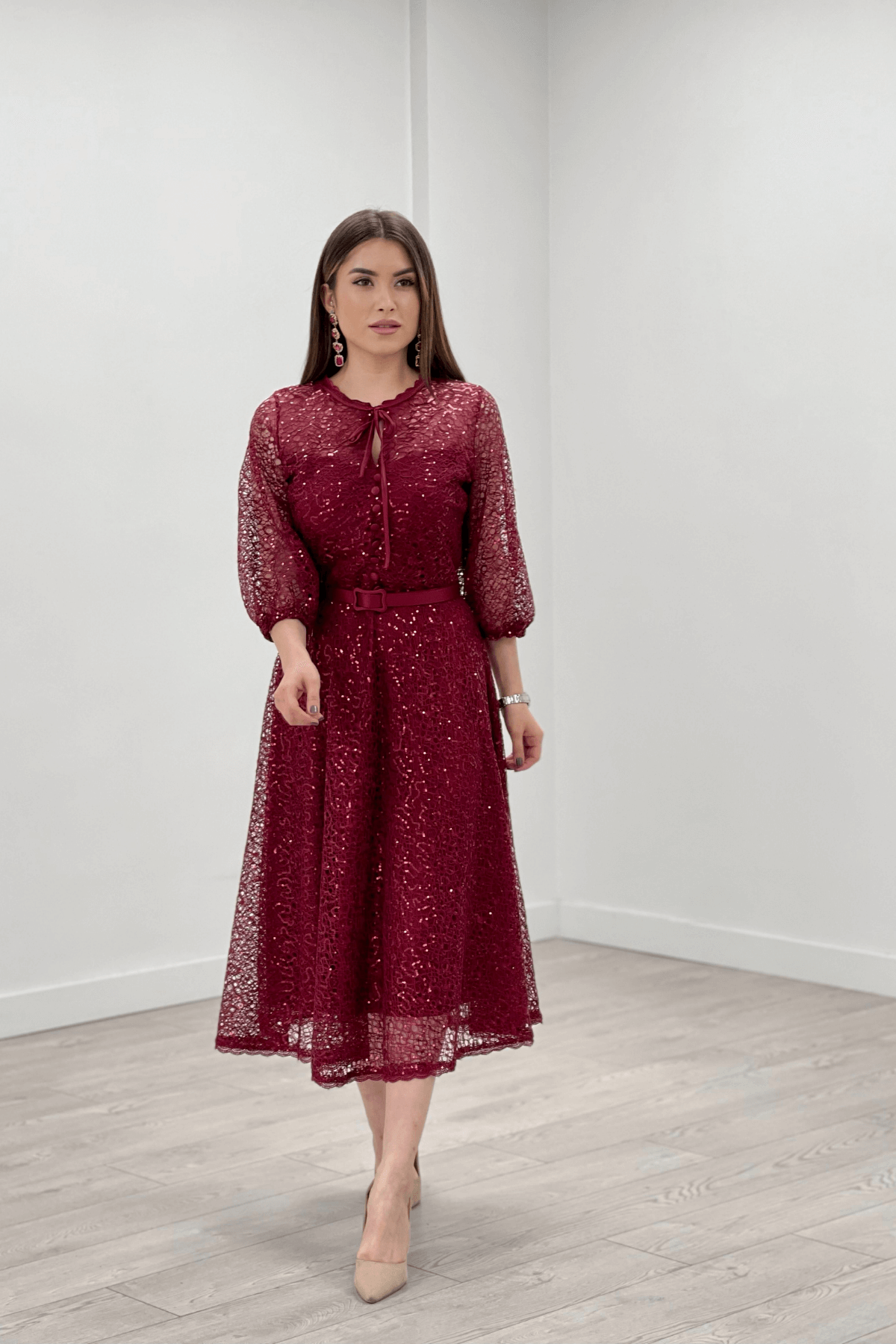 Full Dantel Payet Kumaş Midi Abiye Elbise - BORDO