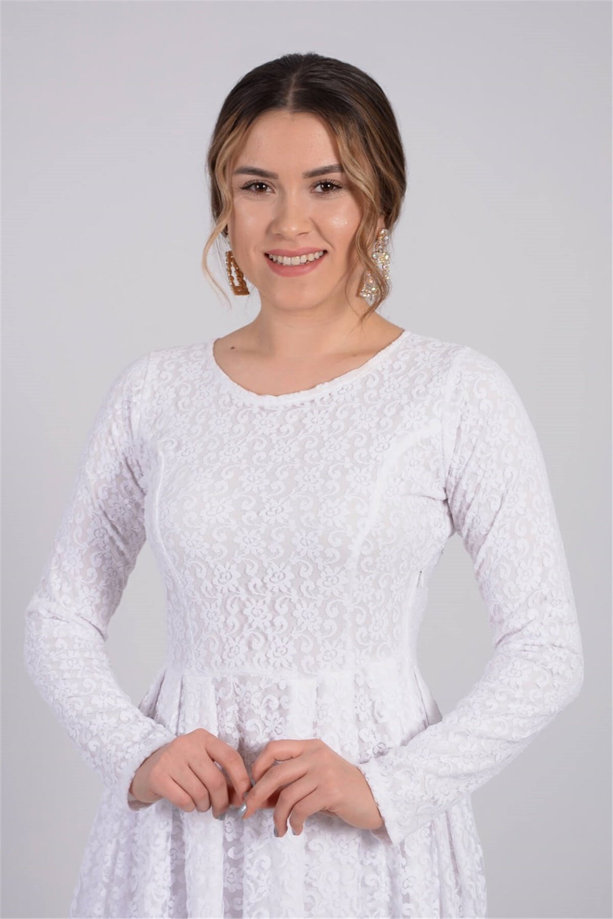 Full Dantel Pileli Abiye Elbise - Beyaz