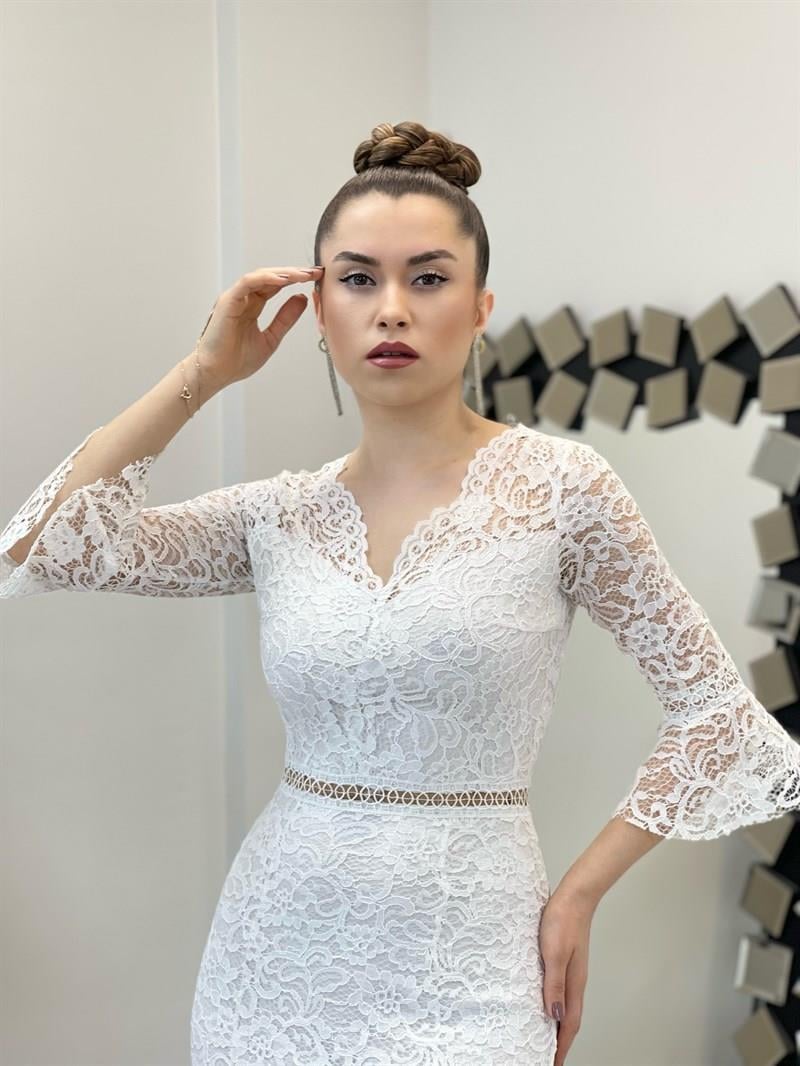 Full Güpür Balık Elbise - BEYAZ
