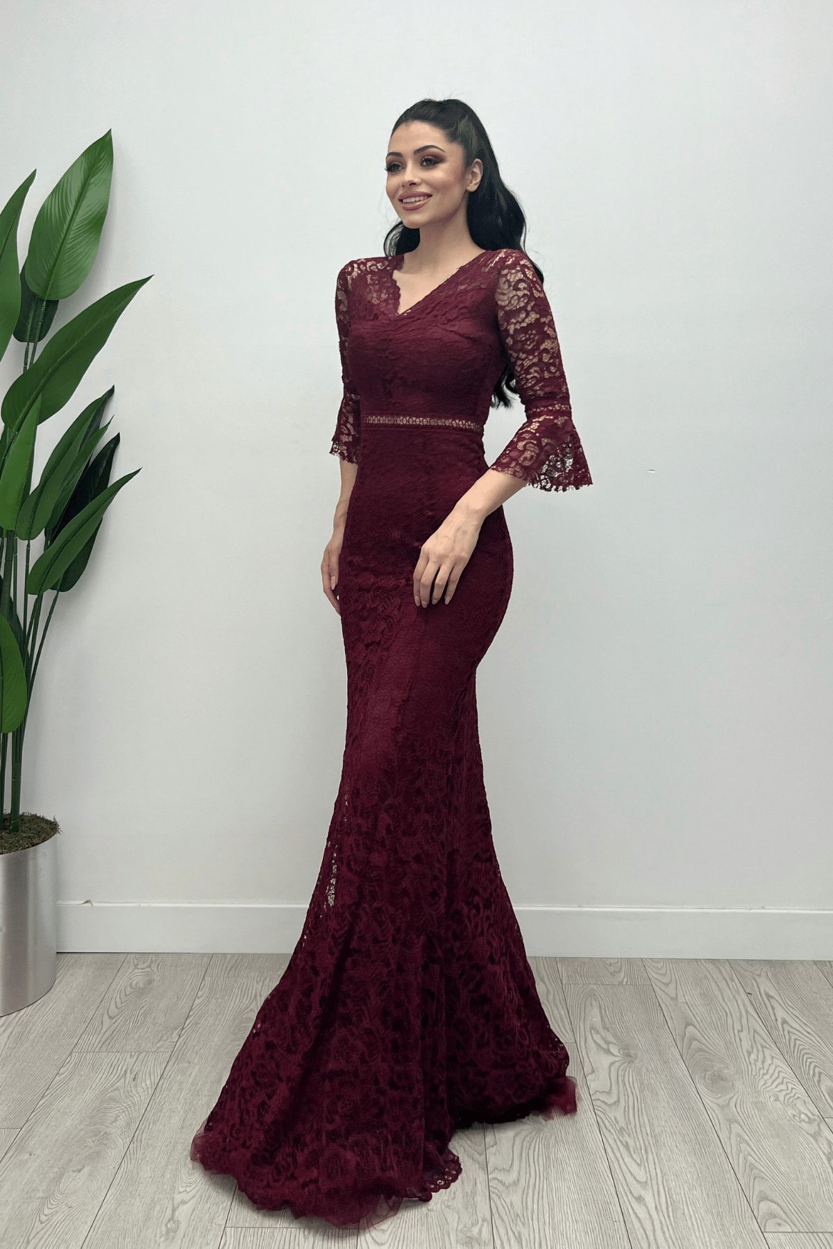 Full Guipure Fish  Dress - Claret Red