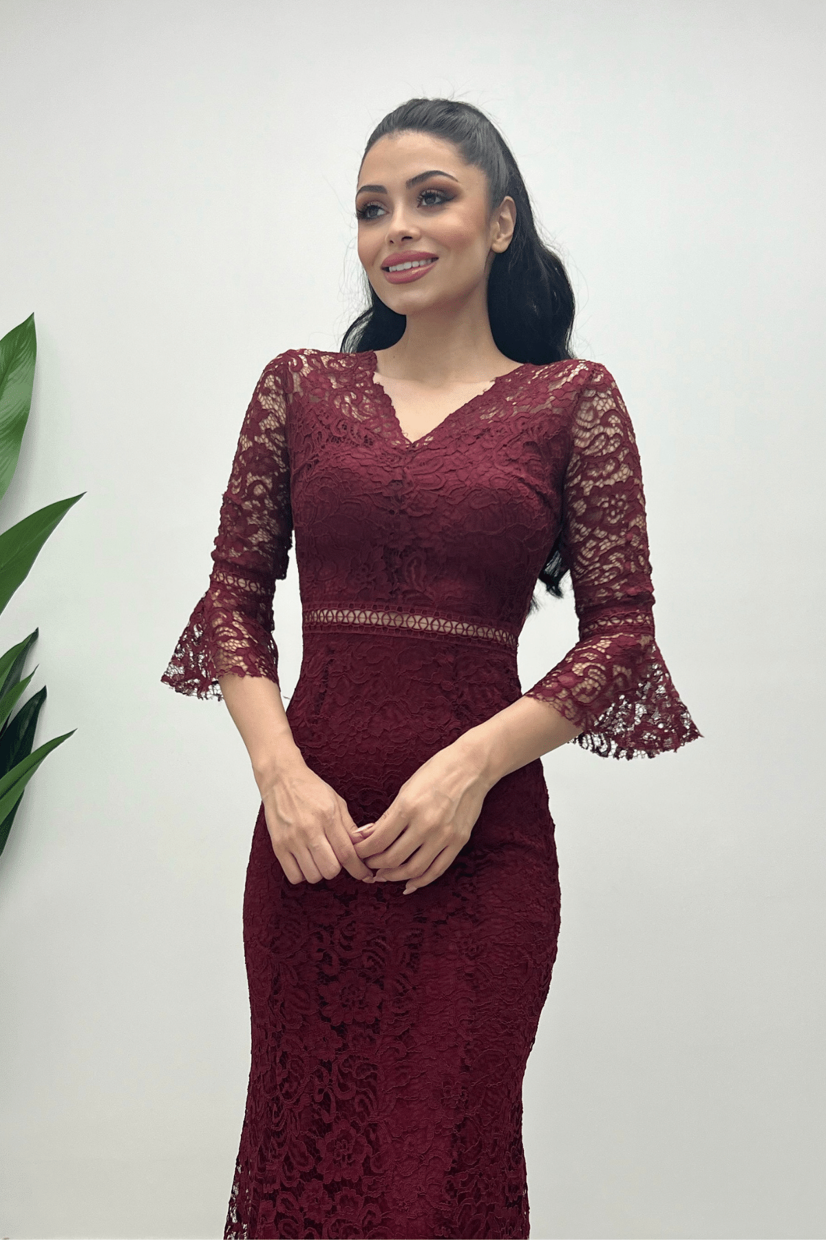 Full Guipure Fish  Dress - Claret Red