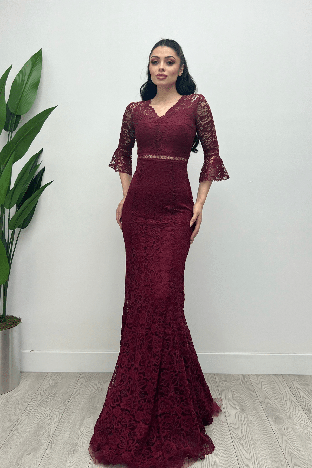 Full Guipure Fish  Dress - Claret Red