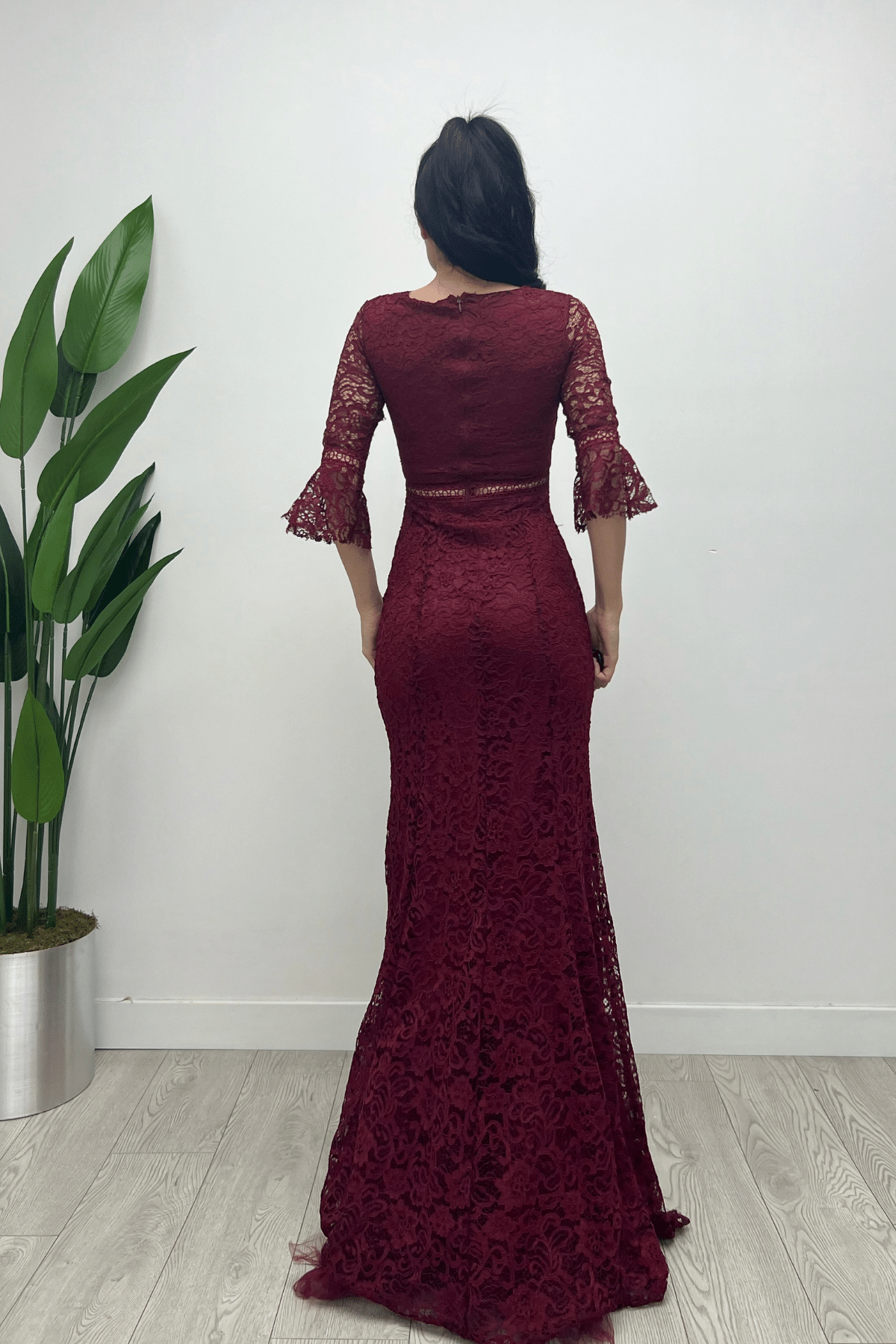 Full Guipure Fish  Dress - Claret Red