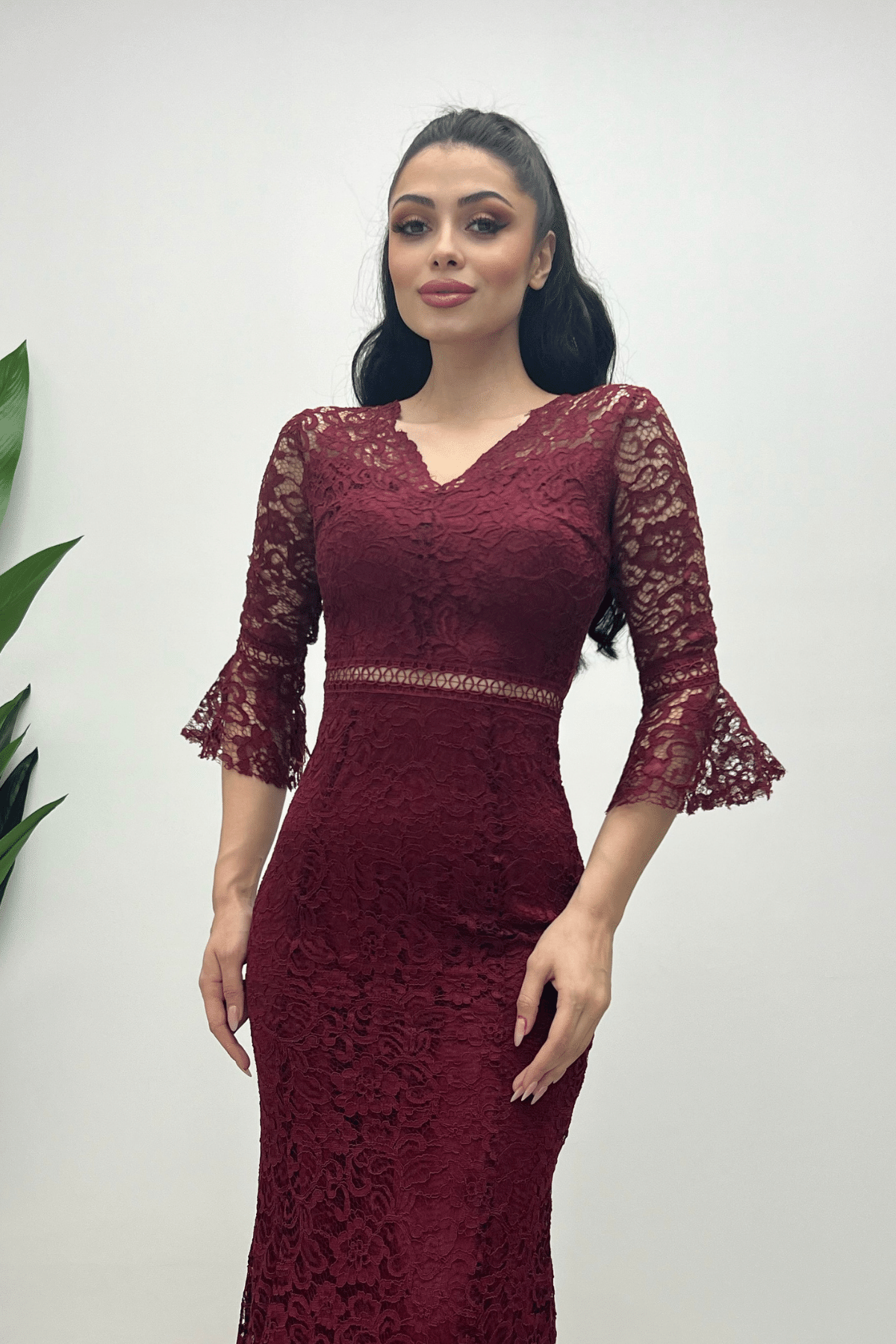 Full Guipure Fish  Dress - Claret Red