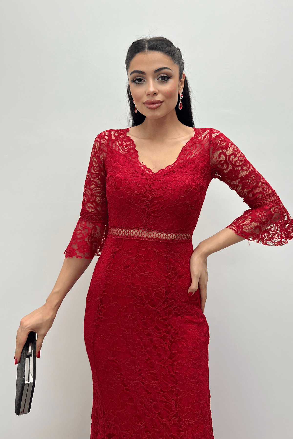 Full Guipure Fish  Dress - Red