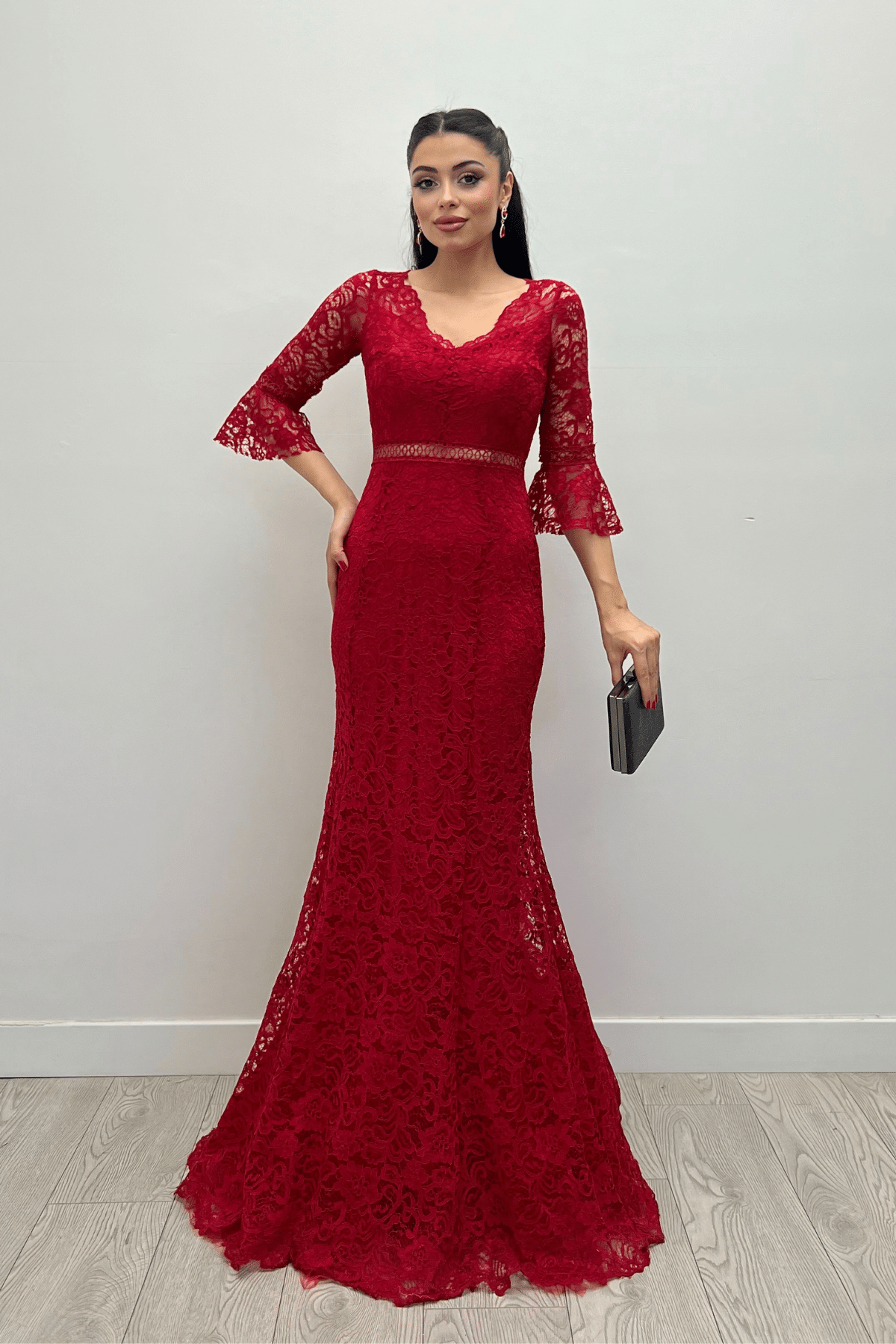 Full Guipure Fish  Dress - Red