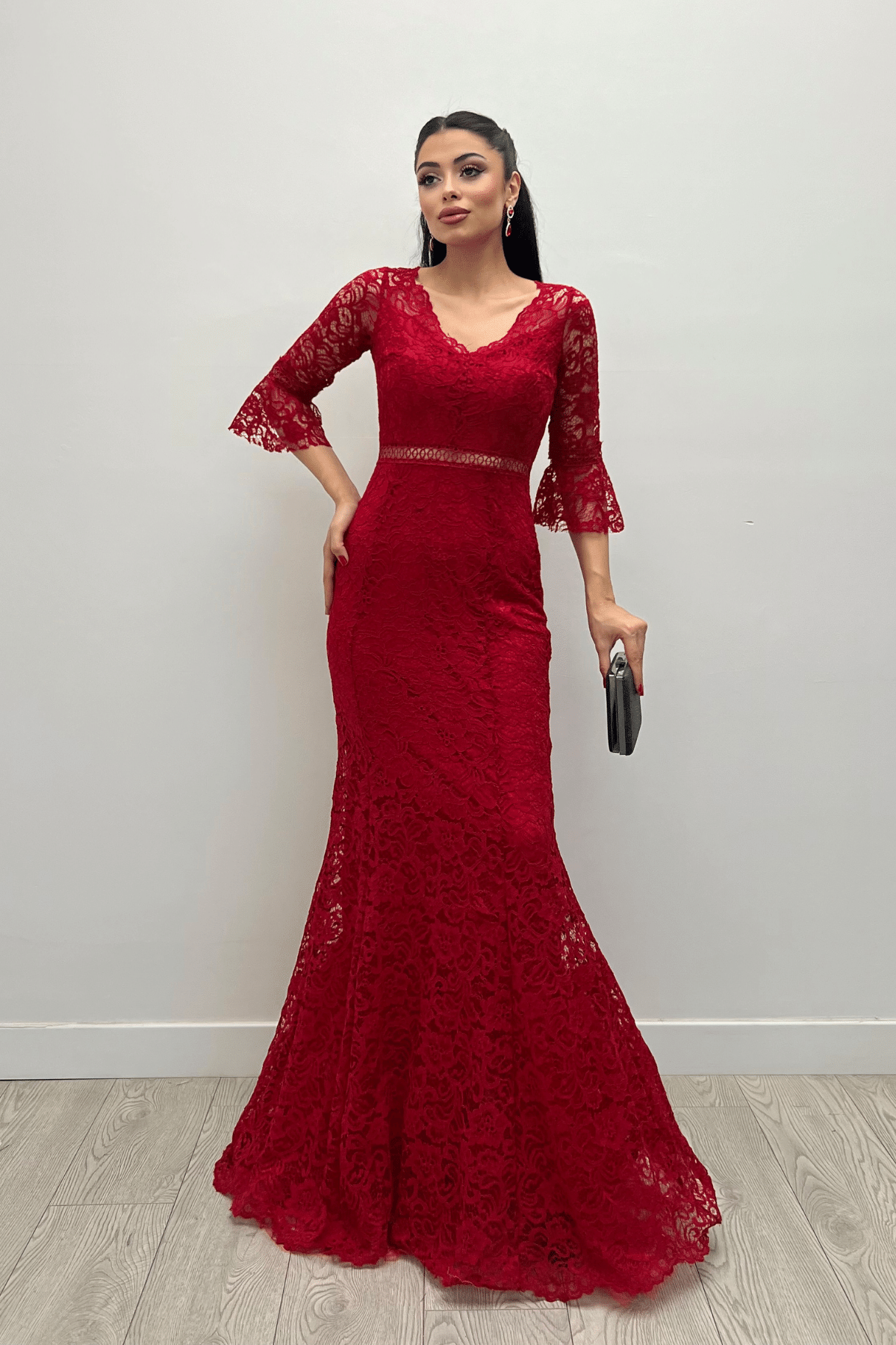 Full Guipure Fish  Dress - Red