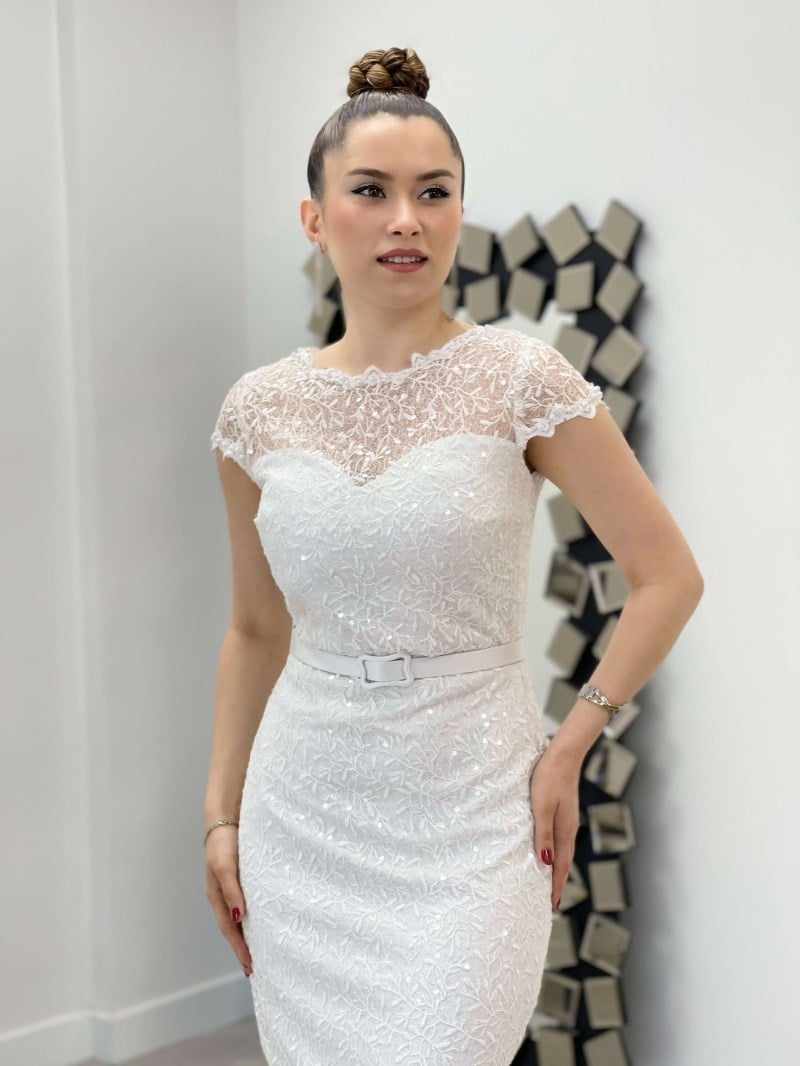 Full Güpür İnci ve Payet Detaylı Elbise - BEYAZ